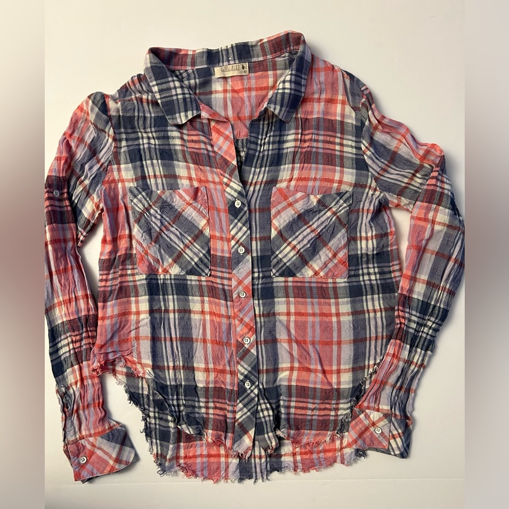 Bella Dahl Women’s Small Pink Blue Plaid Button Down Shirt Rayon Fray Hem